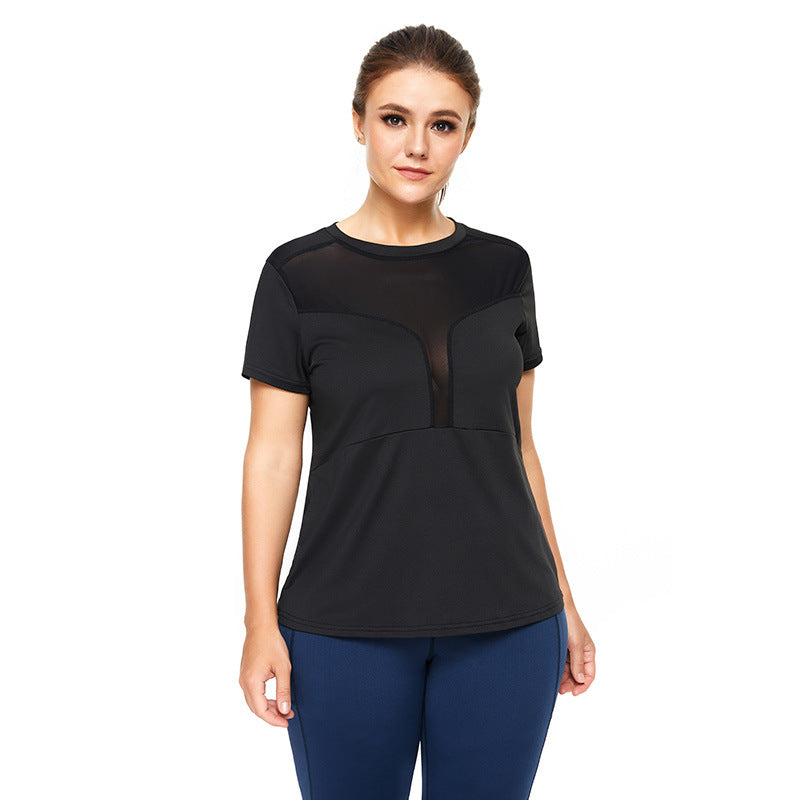 Plus Size Sports T-Shirt for Women - Sexy Mesh Stitching Loose Fitness Short Sleeve