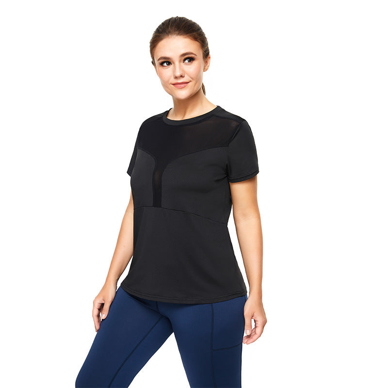 Plus Size Sports T-Shirt for Women - Sexy Mesh Stitching Loose Fitness Short Sleeve