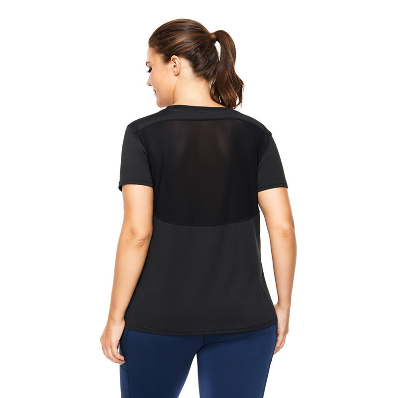 Plus Size Sports T-Shirt for Women - Sexy Mesh Stitching Loose Fitness Short Sleeve