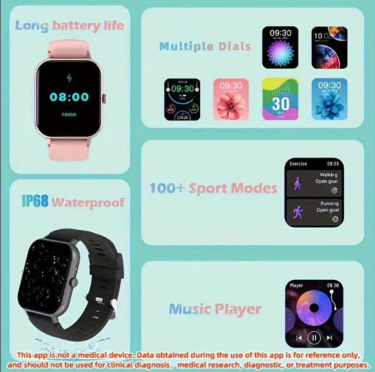 Smartwatch cuadrado con llamadas BT, monitor de ritmo cardiaco, modo deportivo y resistente al agua para hombre y mujer