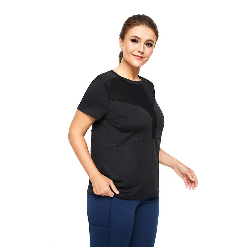Plus Size Sports T-Shirt for Women - Sexy Mesh Stitching Loose Fitness Short Sleeve