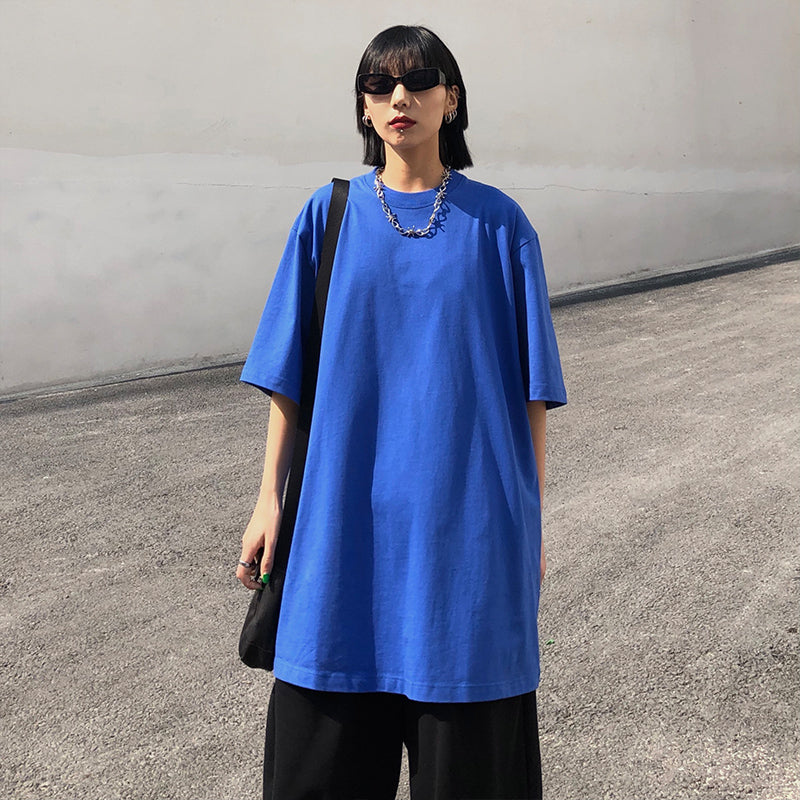 Oversized Plain Casual Round Neck T-shirt Cotton Short Sleeve